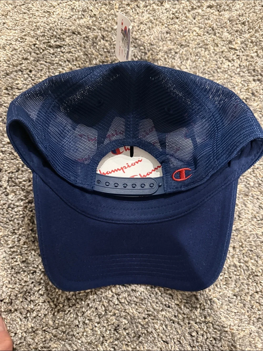 Champion Navy Blue Trucker Hat with Red Embroidered Logo